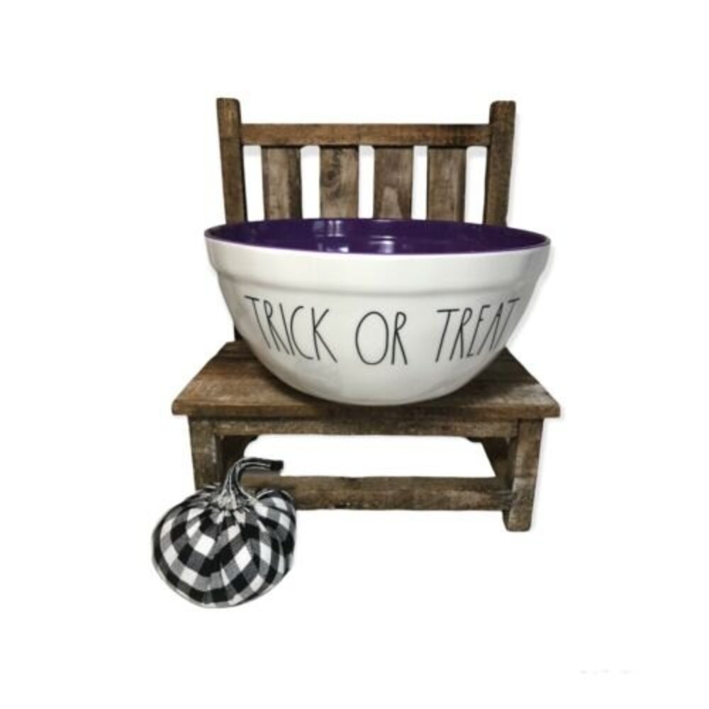 New Rae Dunn TRICK OR TREAT Melamine Mixing Bowl w/ Purple Interior Small Flaw